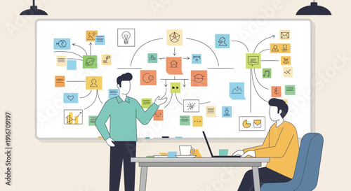 Business Professional Presenting Mind Map and Strategy Flowchart on Whiteboard Vector