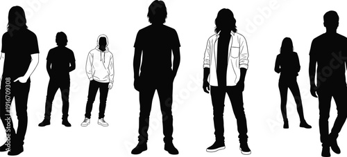 Collection of casual people silhouettes in trendy streetwear and hoodies, standing in various perspectives against a clean white background, vector