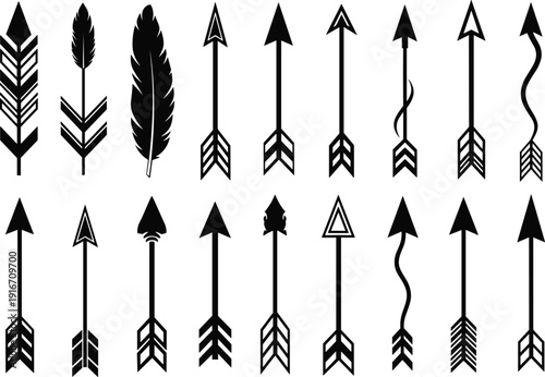 Decorative tribal arrow collection featuring feathered shafts, geometric tips, and boho style symbols for ethnic design and ornament graphics