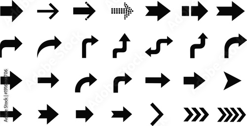 Directional arrow icon collection showing straight, curved, and turning navigation symbols for interface, signage, and graphic design applications
