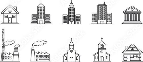 Line icon set of houses, city buildings, factories, churches, and public architecture representing urban, residential, and industrial environments design elements