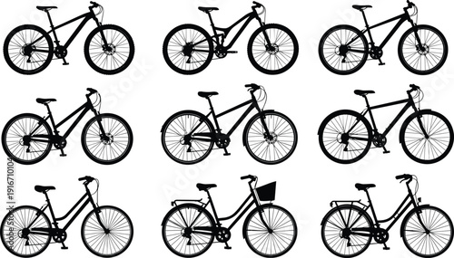 Silhouette collection of various bicycles showing urban transport, cycling lifestyle, eco friendly mobility, and different bike design styles