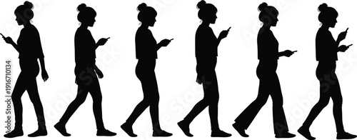 Silhouette sequence of young woman walking while using smartphone, illustrating modern mobile addiction, social media distraction, and urban lifestyle behavior