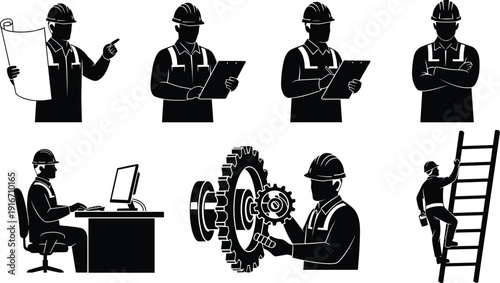Silhouette set of construction workers, engineers, and technicians performing industrial tasks, maintenance, planning, and mechanical repair in professional workplace