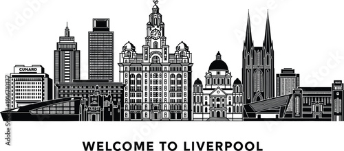 Liverpool skyline vector illustration with iconic waterfront landmarks and historic architecture, United Kingdom travel city design