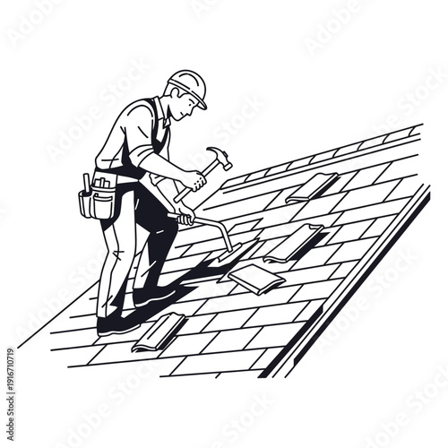Monochromatic line art illustration of a professional roofer installing or repairing roof tiles.