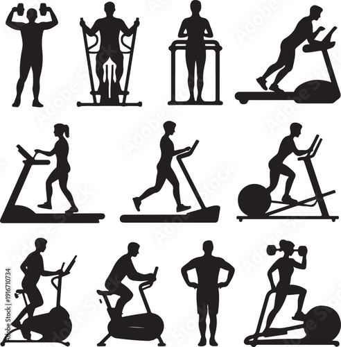 black silhouette people exercising on various gym equipment