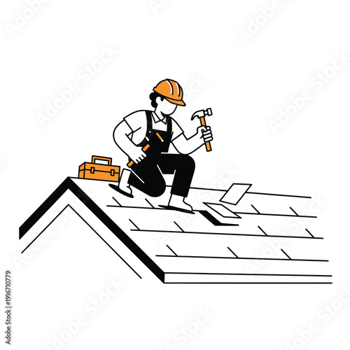 Professional roofer installing or repairing shingles on a residential house roof, flat vector illustration.