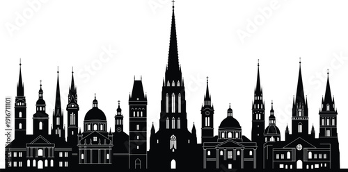 Historic European city skyline silhouette with cathedral spires and classic architecture, urban travel vector illustration