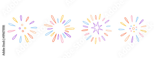Crayon colorful fireworks set. Hand drawn sketches of sparkles, firecracker, confetti. Pencil or chalk drawing. Cute childish party mood doodles. For birthday, carnival, holiday designs. Vector