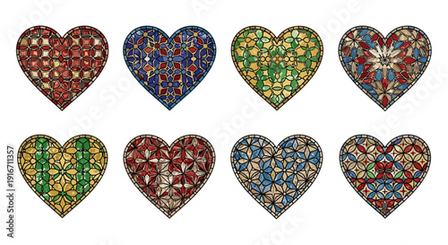 Set of eight colorful heartshaped patchwork designs for decoration
