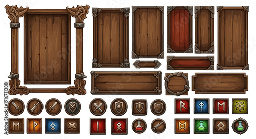 Set of vintage wooden picture frames and decorative buttons