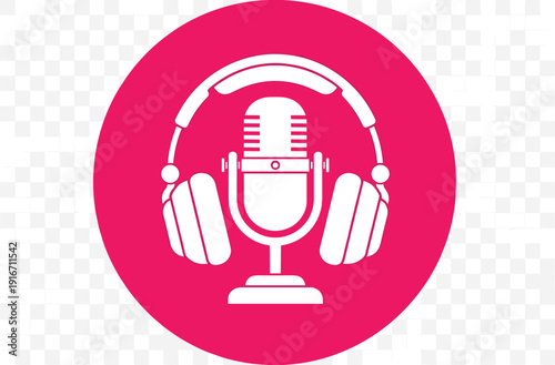 Professional podcasting equipment icon featuring microphone and headphones on vibrant pink circular background design