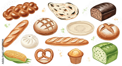 Assorted baked goods and bread varieties