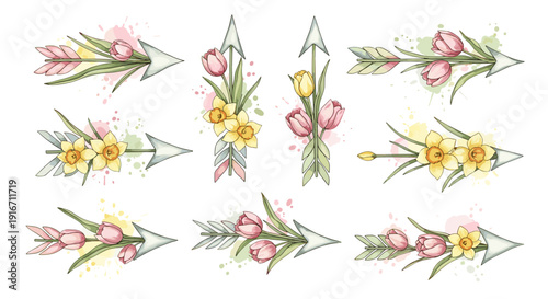 Collection of watercolor floral borders and decorative elements