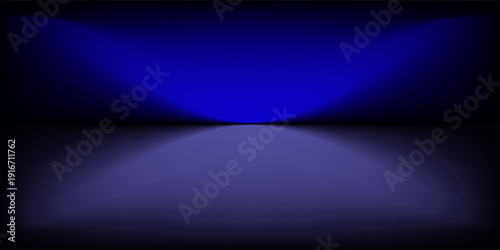 black studio background. Abstract limbo podium studio room. Dark blue gradient wall floor and spotlight scene. Showcase, promotion display. Vector stage mockup illustration