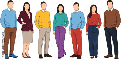 Diverse group of men and women in smart casual and business attire standing together, minimalist flat vector illustration,
