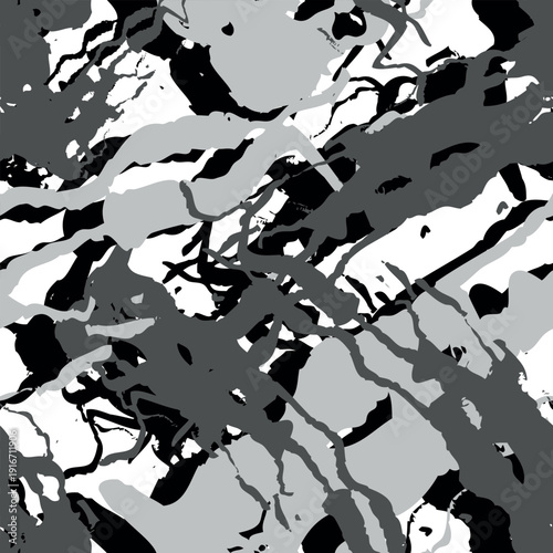 Abstract Black Gray Ink Seamless Pattern Fluid Brush Strokes Monochrome Grunge Texture Background Organic Liquid Shapes Layered Artistic Design Modern Repeat Wallpaper Textile Print