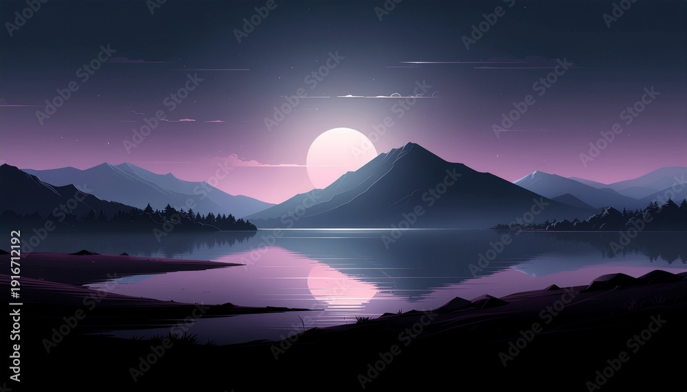 Fototapeta premium Minimalist Moonlit Lake Landscape at Night with Mountains Reflection