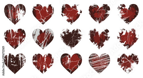 Collection of 15 distressed red heart icons with grunge textures