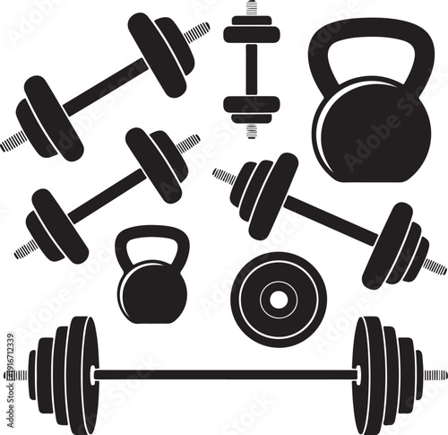 black silhouette of various gym equipment on white background