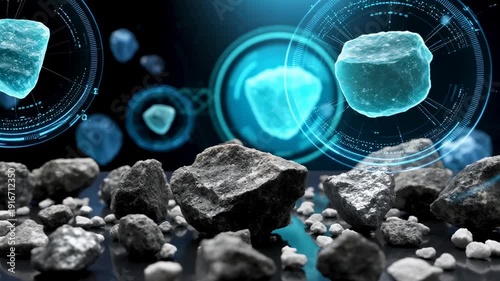 Futuristic rare earth element mineral rock ore analysis laboratory interface, glowing crystal stone and metal sample reflective surface, digital geology science innovation hologram for geologist