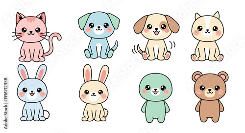 Collection of cute cartoon animals including cat dog rabbit and bear