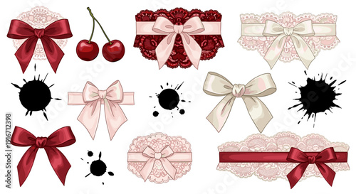 Collection of decorative bows, ribbons, cherries, and embellishments