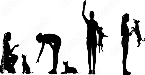 Silhouette of woman training a small dog through different poses on white background dog training
