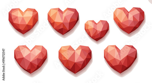 Set of seven low poly 3d hearts with faceted geometric design