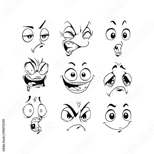 Funny cartoon face expressions set comic human emotions drawings