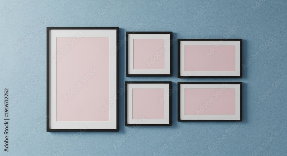 Fototapeta premium Gallery Wall Display with Five Black Framed Pictures and Pink Mattes on a Textured Blue Background, Perfect for Mockups and Art Concepts