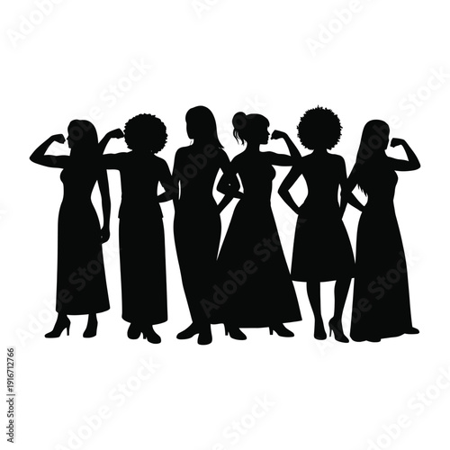 Silhouette group of diverse women showing muscles, feminist power
