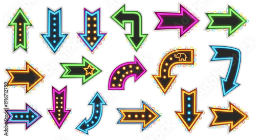 Collection of colorful arrow signs pointing in various directions