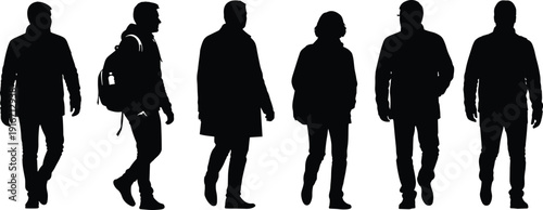 Diverse group of men and women walking silhouettes wearing winter jackets and backpacks, minimalist flat vector illustration,