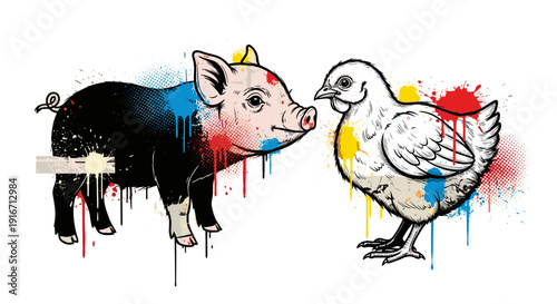 Digital illustration of a cow and a duck with colorful paint splashes