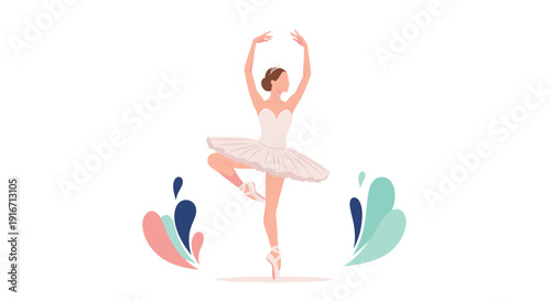 Elegant female ballet dancer in a white tutu performing a balanced pose with arms raised and abstract colorful splashes.