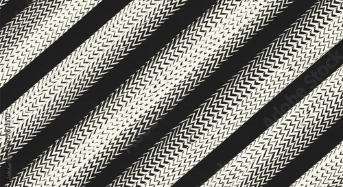 Diagonal black and cream geometric pattern with zigzag lines, creating a dynamic, rhythmic visual effect. The design is bold and modern.