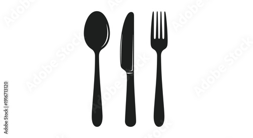 Black silhouette illustration of classic cutlery set including a spoon, knife, and fork arranged vertically on a white background.