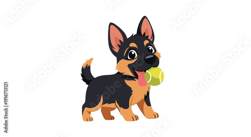Happy German Shepherd puppy holding a bright green tennis ball in its mouth while wagging its tail on a plain white background.
