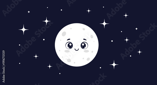 Friendly moon character with a smiling face and large eyes surrounded by sparkling white stars in a dark blue night sky.