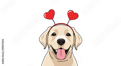 Smiling Labrador puppy wearing a red headband with two heart shapes on top for a romantic or festive celebration theme.