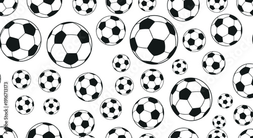 Black and white seamless pattern featuring numerous soccer balls of various sizes scattered across a clean white background.