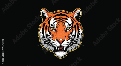 Fierce tiger head illustration with striking orange and black stripes and an aggressive expression against a dark background.