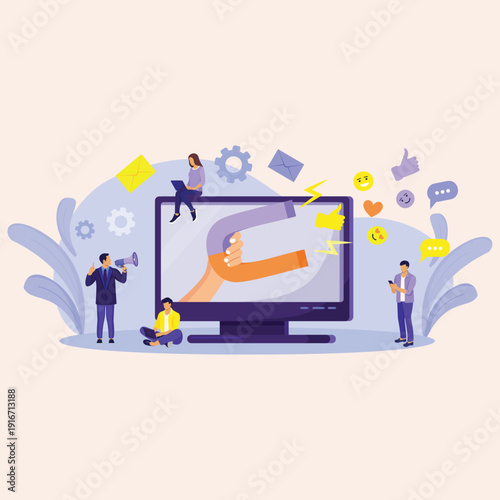 Social Media Marketing and Digital Engagement Concept Illustration. Attracting Online Audience with Content, Influencers, and Communication Strategy for Business Growth