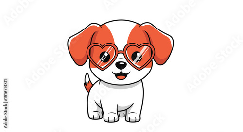Adorable brown and white puppy wearing stylish red heart shaped sunglasses and smiling on a solid white background.