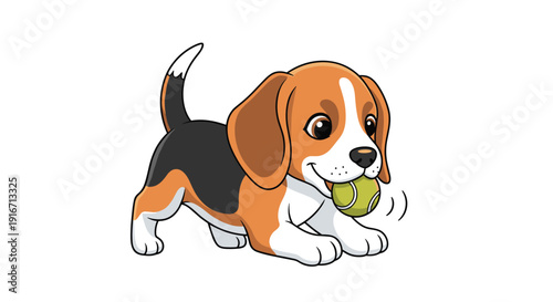 Active Beagle puppy running and holding a green tennis ball in its mouth for a playful outdoor activity concept.