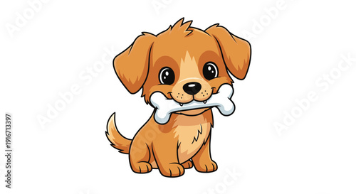 Playful golden retriever puppy holding a white dog bone in its mouth with a happy expression in a cute and colorful cartoon illustration style.