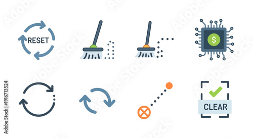 Set of icons representing reset refresh clean and technology concepts.