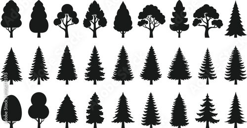 Collection of tree silhouettes including pine and deciduous varieties, forest nature vector illustration set isolated